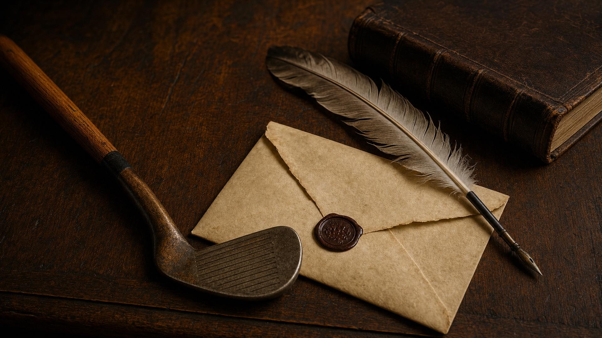 Vintage hickory iron, quill, and wax-sealed envelope