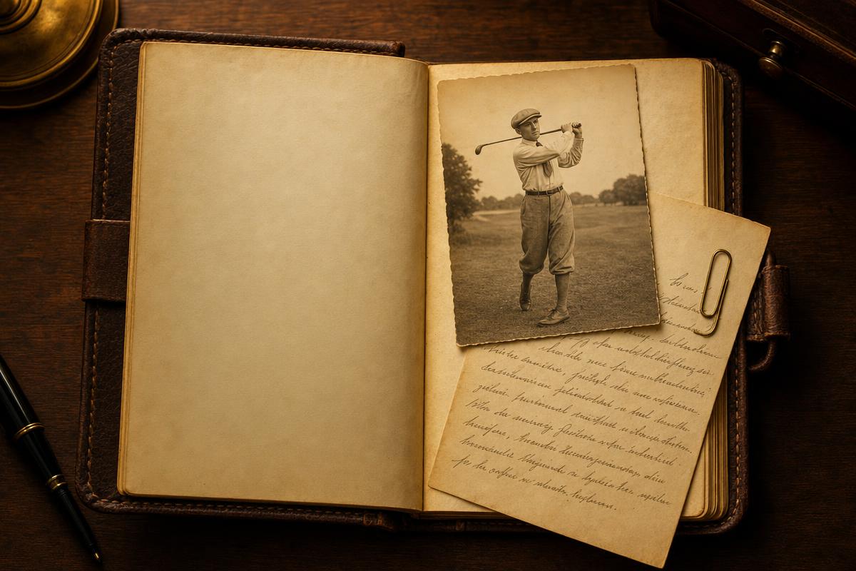 Open leather member's ledger with vellum pages, vintage photograph, and manuscript